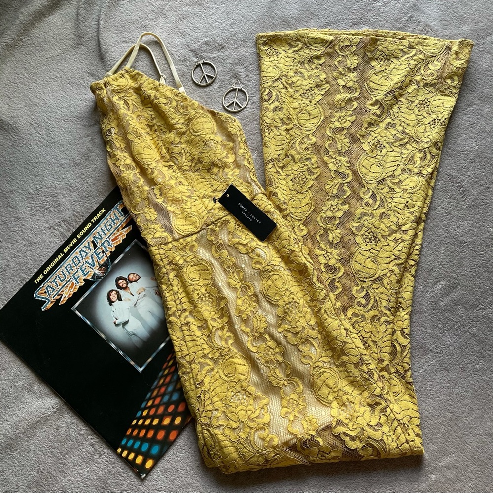 Gold Lace High Neck Bell Bottoms Disco Jumpsuit